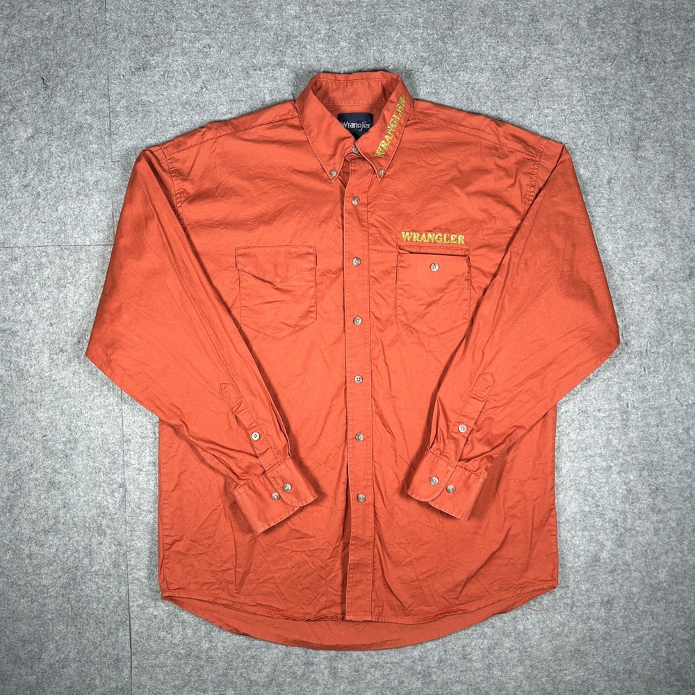Wrangler Shirt Mens L Orange Long Sleeve Gold Logo Western Rodeo Cowboy Workwear